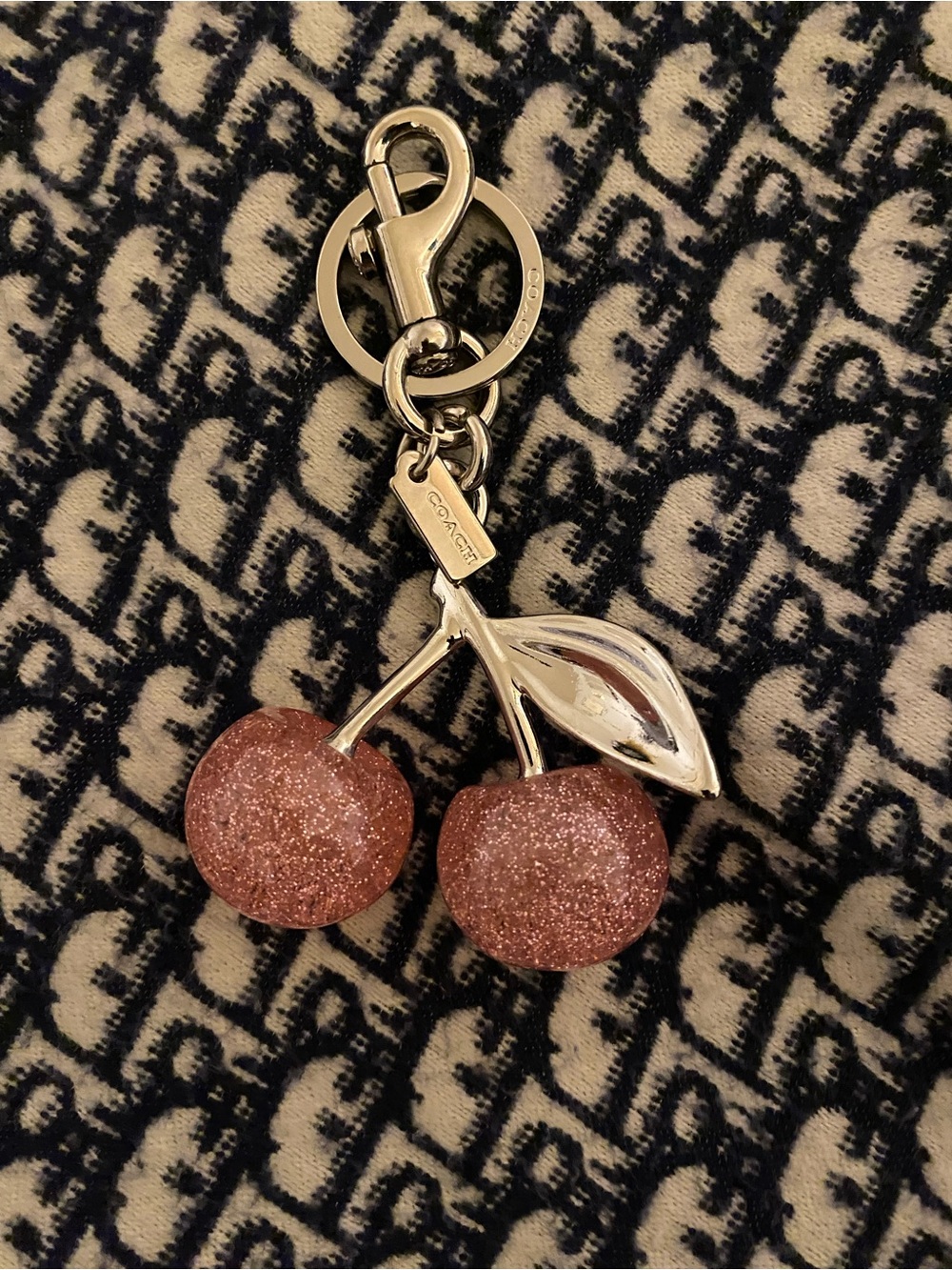 Pink Glitter Cherry Keychain Charm in Silver
